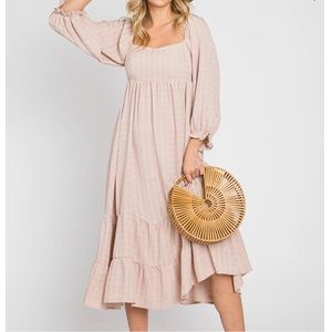 Beige Striped 3/4 Cinched Sleeve Tiered Midi Dress